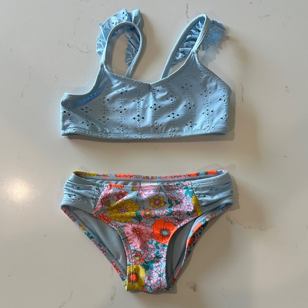 Cat & Jack 4/5 Light Blue Eyelet Top & Floral Bikini Bottom Two-Piece Swim Set